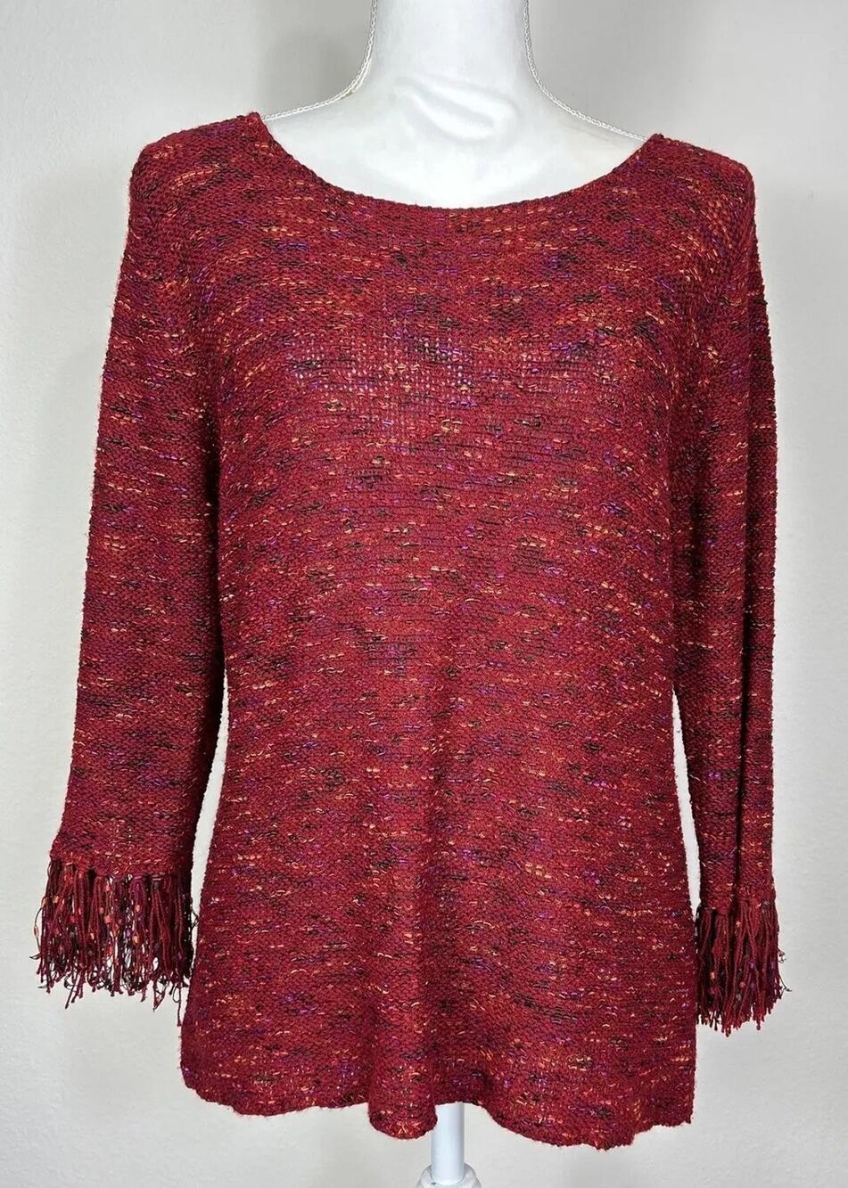 Coldwater Creek Maroon Fringe Sleeve Knit Sweater Large